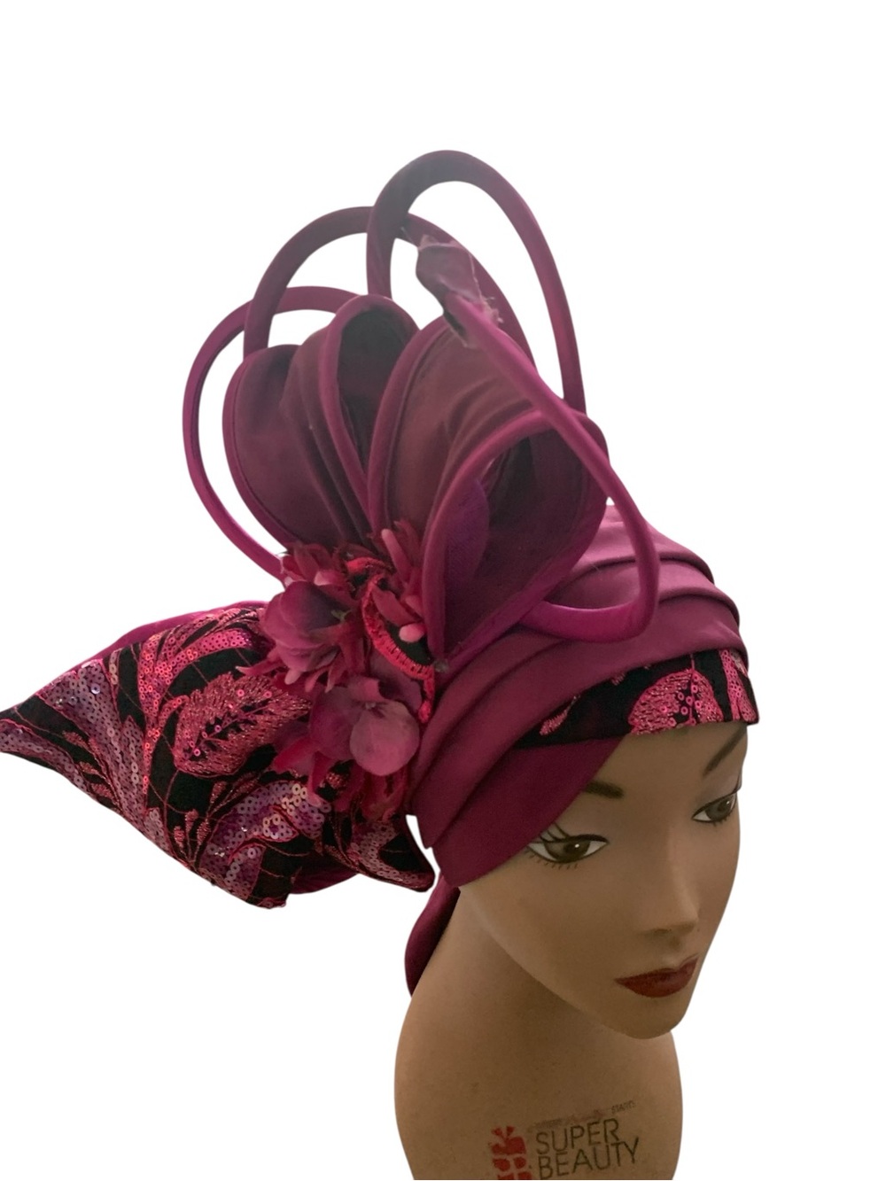 Elegant Fuchsia Floral Headwrap with Decorative Loops GEL8 0526